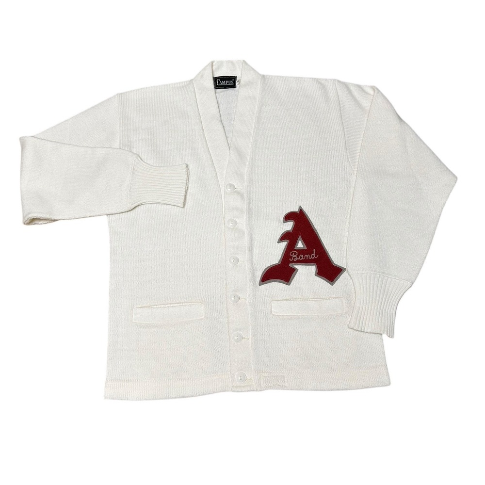 True‎ Vintage Campus 60's/70's USA White Varsity Band Sweater Size Medium Orlon